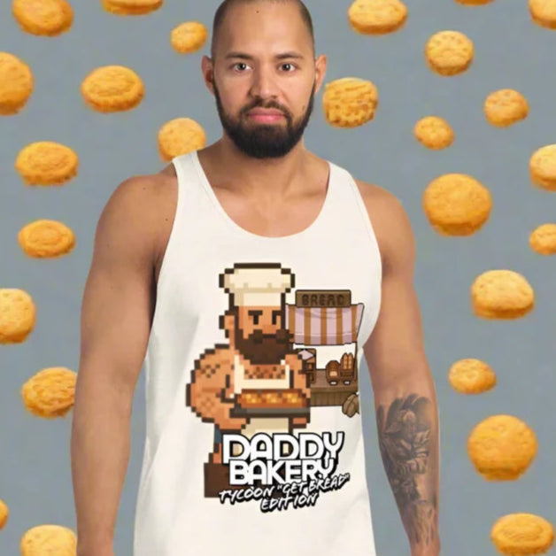 White tank top with pixelated baker design from 8-Bit Pixel Daddy Bakery doggy styled clothes