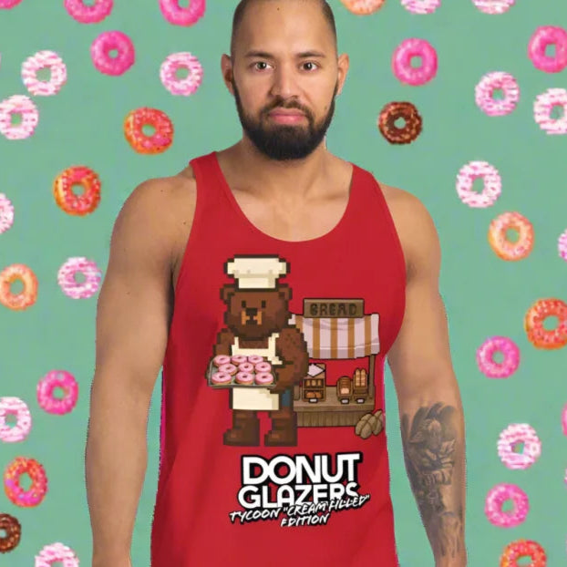 Red tank top with pixelated bear baker graphic, perfect doggy styled clothing for men