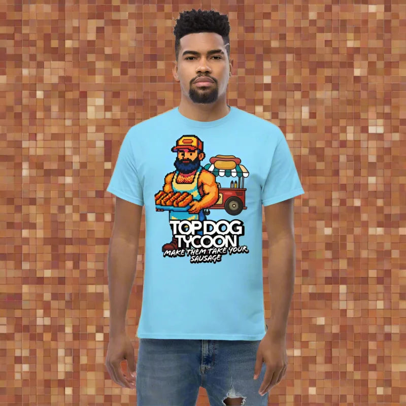 Light blue 8-Bit Pixel Daddy Hotdog Vendor T-Shirt, perfect for doggy styled clothing fans