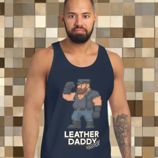 Navy tank top with pixelated leather daddy graphic, perfect for doggy styled clothes