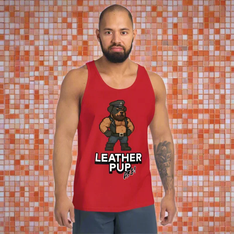 Red tank top with cartoon dog, perfect for doggy styled clothing and leather pup fans