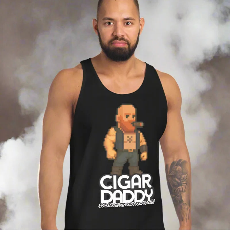 Black Cigar Daddy BDSM Fetish Tank Top with pixelated daddy sex character for gay daddy shirt