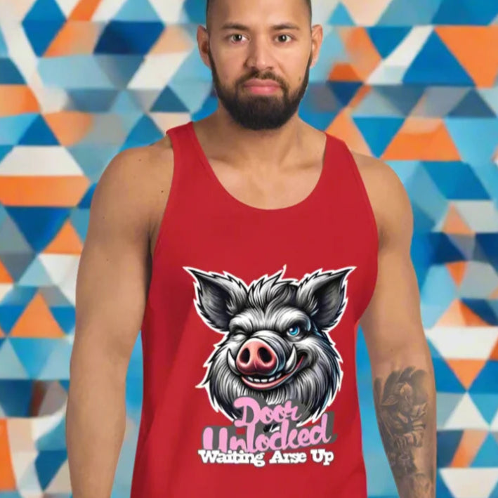 Red tank top with boar graphic, a cheeky gay tank top for anon gay sex fans