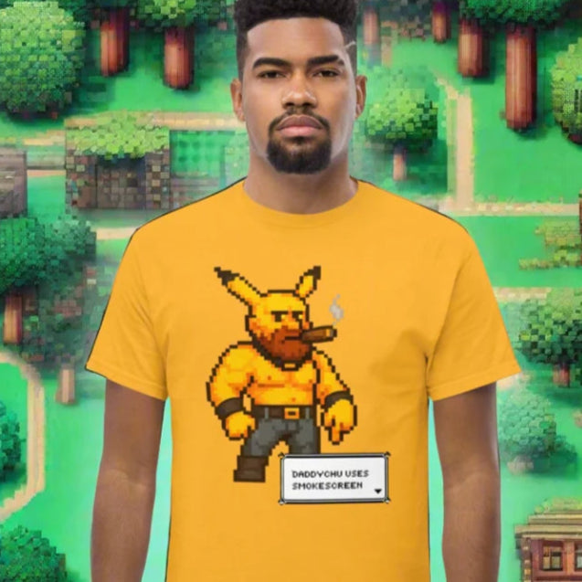 Yellow gaymer daddy Pikachu t-shirt with pixelated Pikachu and smokescreen BDSM classic design