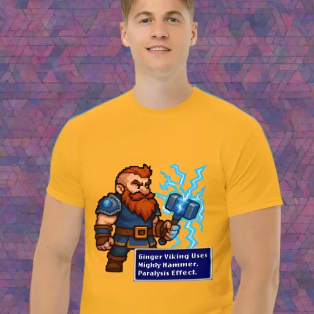 Yellow T-shirt with cartoon graphic for doggy styled clothing, geek cub gaymer style