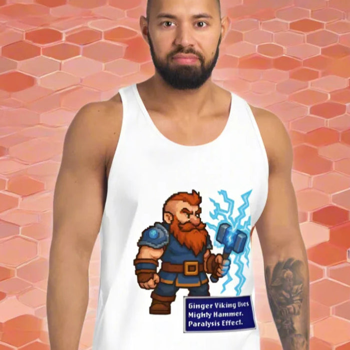 White tank top with cartoon dwarf, part of Ginger Viking 8-Bit Pixel Fetish scene