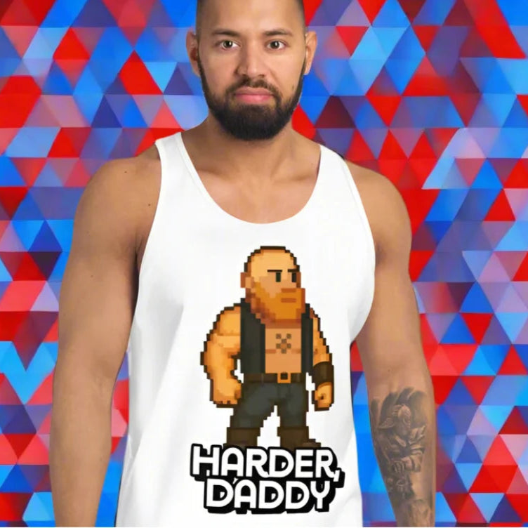 White dom daddy tank top with pixelated gay daddy character for BDSM fetish style