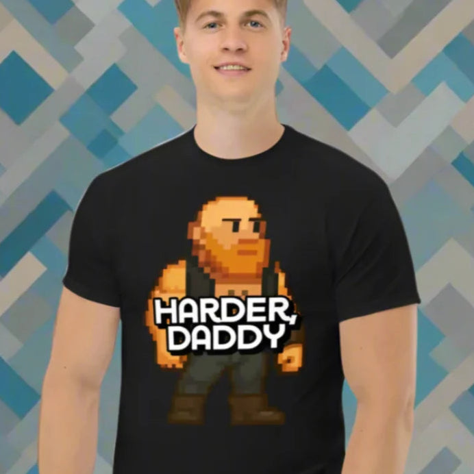 Black Harder Daddy Classic T-Shirt with doggy styled 8-bit pixel cub gaymer design