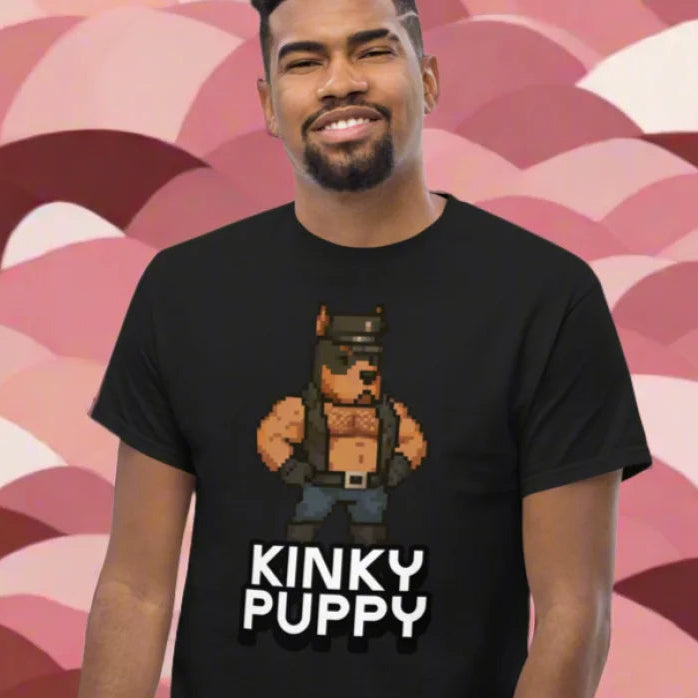 Black KINKY PUPPY T-Shirt with pixelated doggy styled clothing graphic for fucker pup play