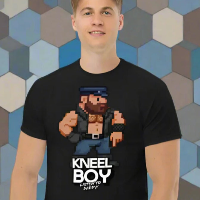 Black T-shirt featuring pixelated kneel dom daddy character for BDSM Fetish fans