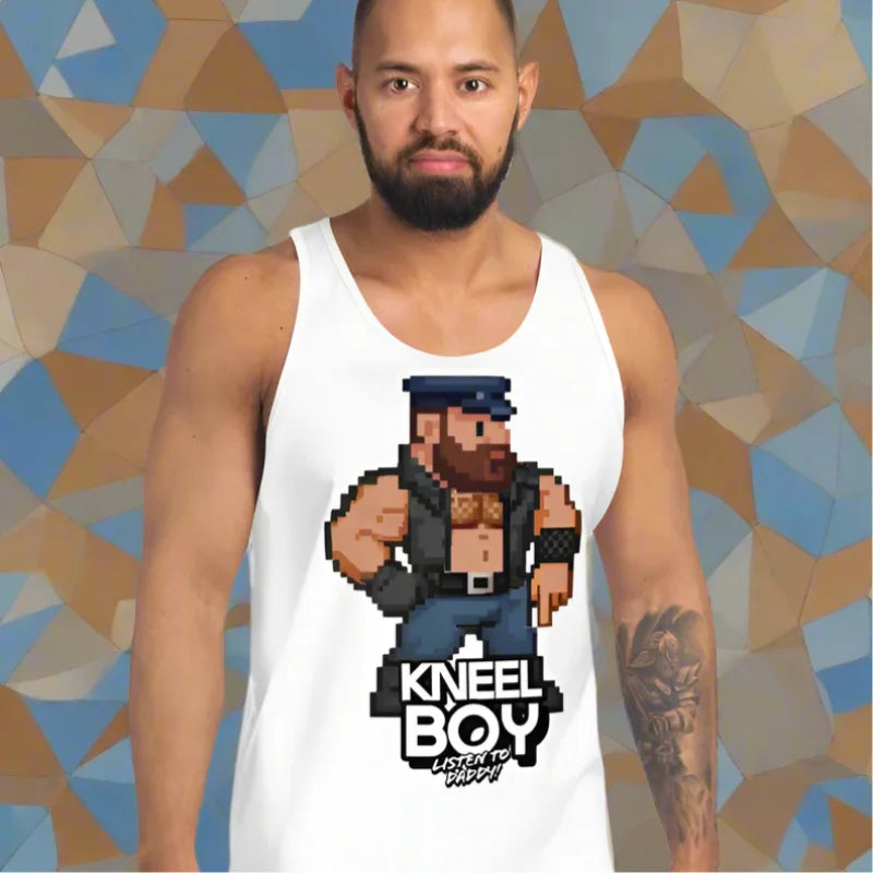 White tank top with pixelated character, perfect for kneel dom daddy gay daddy vibe