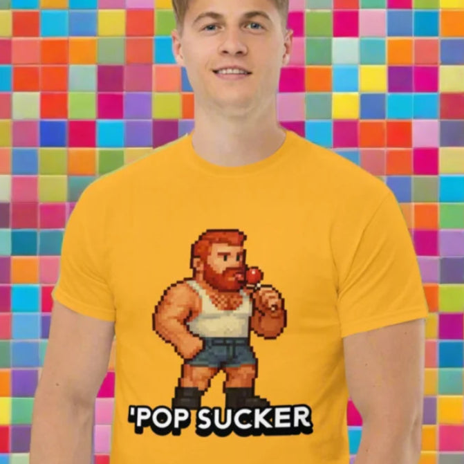 Yellow gay bear tshirt with pixelated cartoon design for kinky gay tshirts lovers