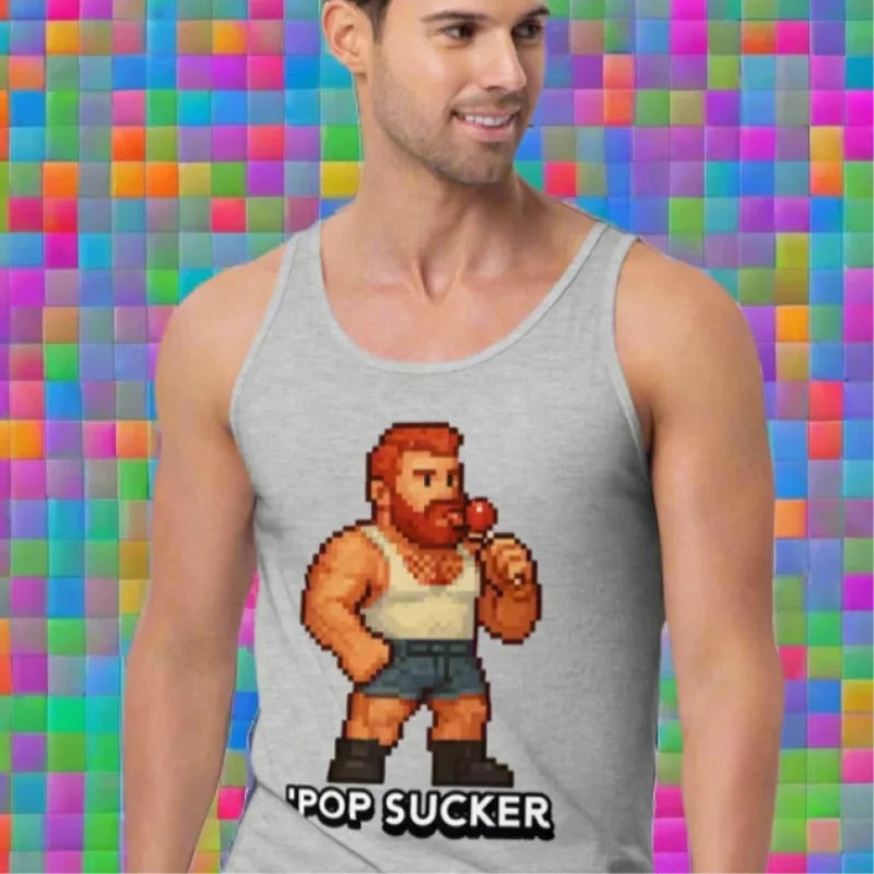 Gray tank top with pixelated cartoon for oral sex gay and gay pop sucker fans