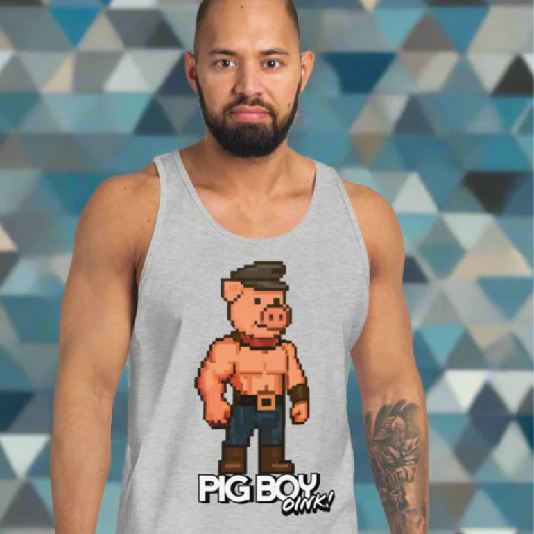 Gray tank top with pixel pig design from Pig Boy Oinktastic for BDSM Fetish Community