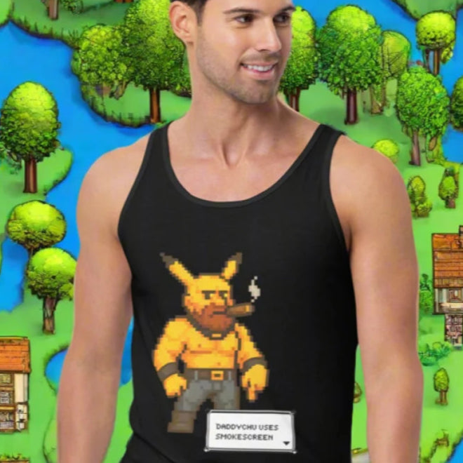 Black gaymer pokémon tank top with pixelated character for geeky bdsm style