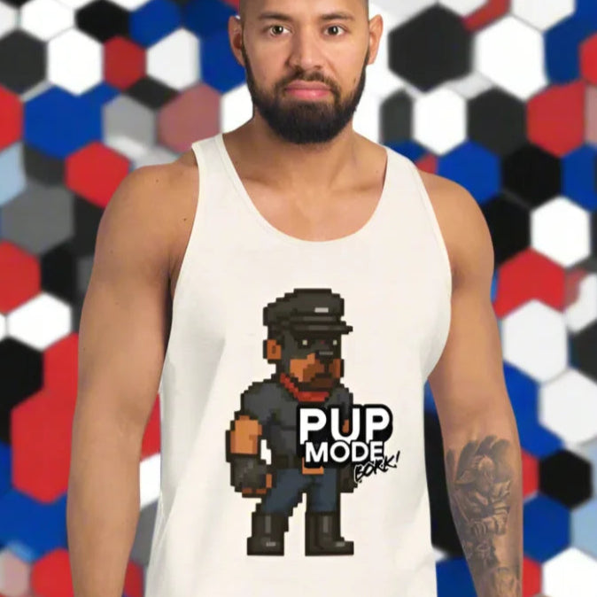 White tank top with 8-bit pixel dog graphic from Pup Play Mode ON, great for doggy styled clothes and gaymer 8-bit pixel fans