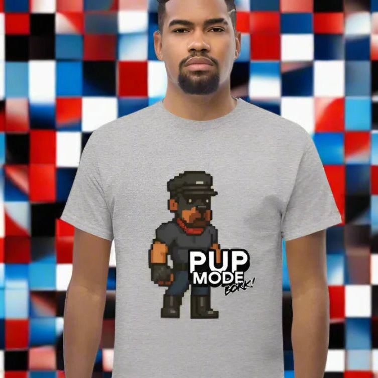 Gray pup play tank top with pixelated dog design, perfect for geek cub gaymer fans