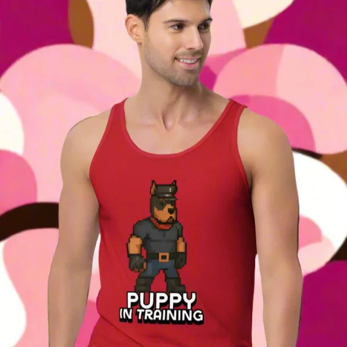 Red tank top with cartoon dog for puppy in training, perfect for doggy styled clothes