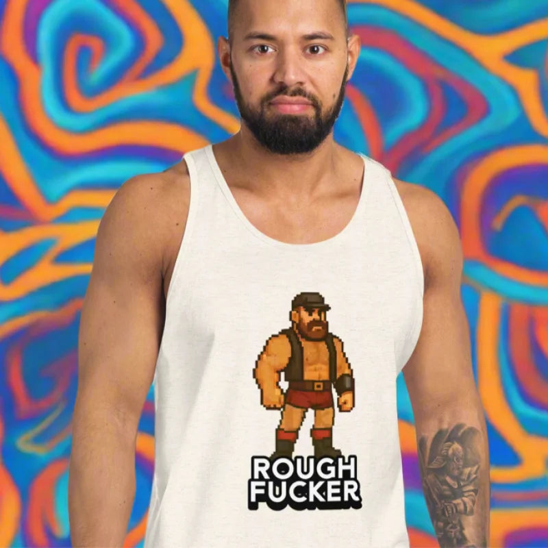 White tank top with pixelated character for doggy styled bdsm scene—ideal for gay dom vibes