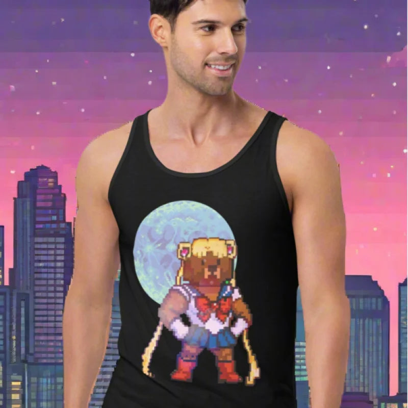 Black tank top with pixelated bear Sailor Moon graphic for gay nerd anime fans