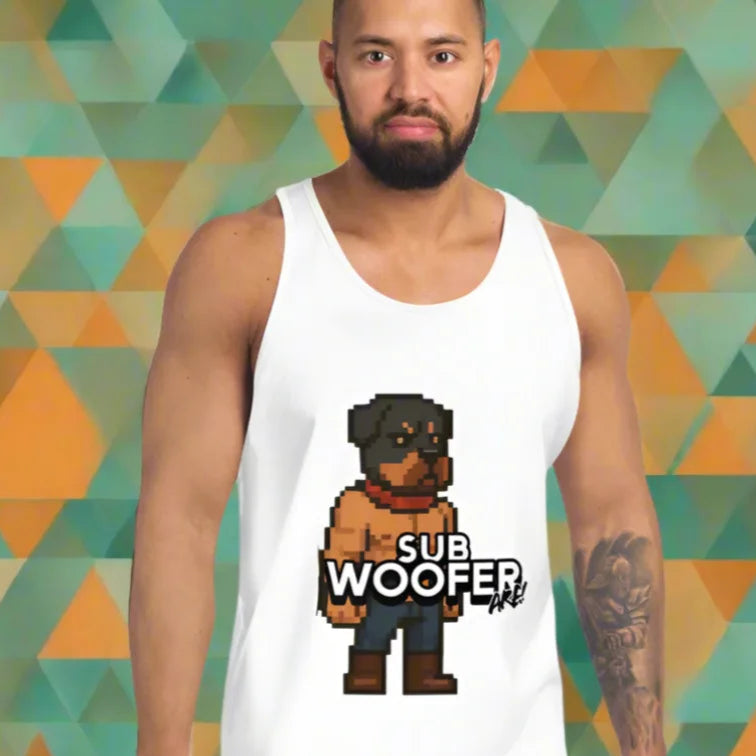 White tank top with pixelated dog graphic from Sub Woofer Pup Play 8-Bit Character Tank Top, perfect for doggy styled clothes and pup play fans