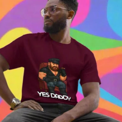 Maroon daddy roleplay gay daddy tshirt with cartoon graphic for yes daddy t-shirt style