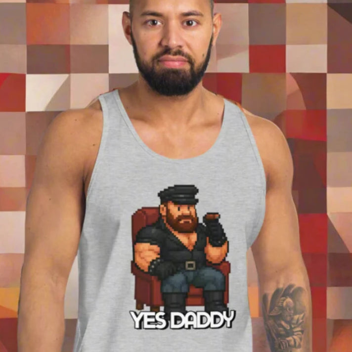 Gray tank top with pixelated leather daddy graphic for daddy roleplay fetish and doggy styled clothing