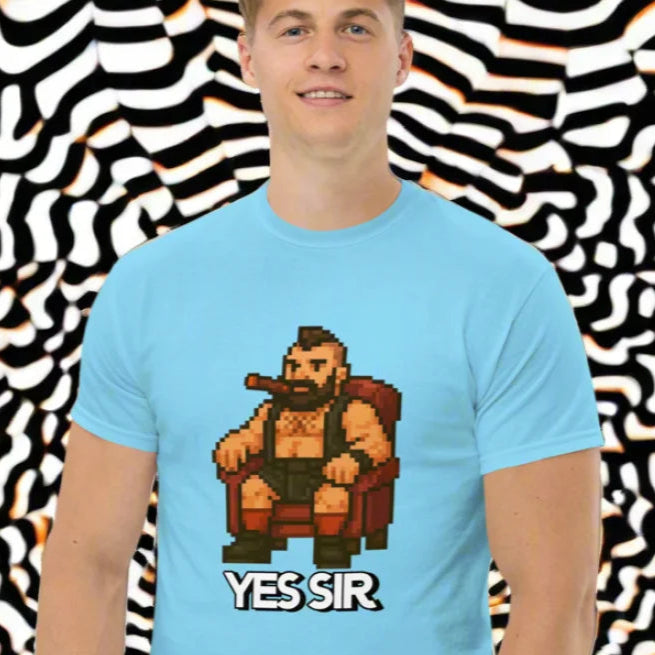 Light blue gay bdsm shirt with pixelated man design for YES SIR SHIRT collection