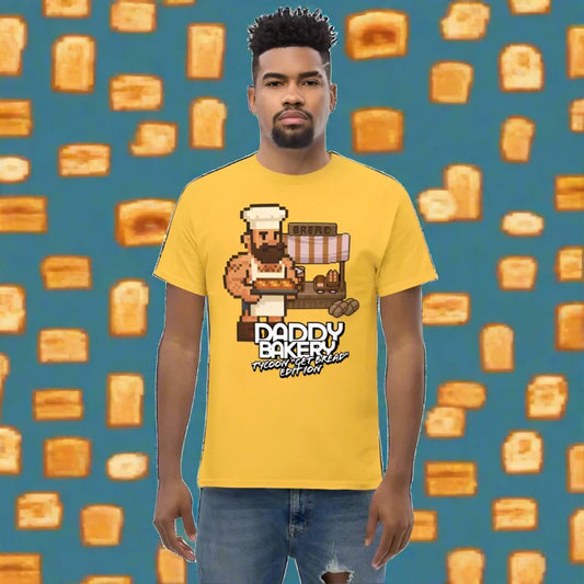 Yellow gay tshirt with pixelated bakery design from 8-Bit Pixel Daddy Bakery line