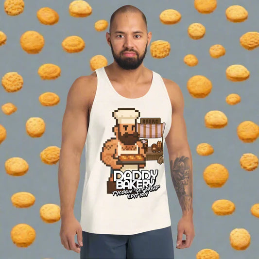 White tank top with pixelated baker design from 8-Bit Pixel Daddy Bakery doggy styled clothes