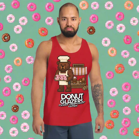 Red tank top with pixelated bear baker graphic, perfect doggy styled clothing for men