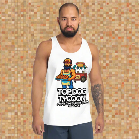 White tank top with cartoon graphic from Top Dog Tycoon Tank, perfect doggy styled clothing