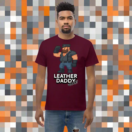 Maroon 8-Bit Pixel Leather Daddy Woof sleeveless muscle t-shirt with pixelated leather daddy graphic