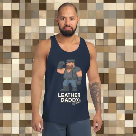 Navy tank top with pixelated leather daddy graphic, perfect for doggy styled clothes
