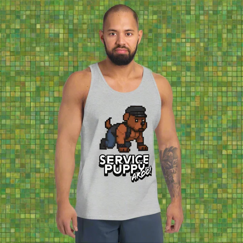 Gray tank top with pixelated puppy graphic from 8-Bit Pixel Service Pup Aroo Tank Top, perfect for gay tshirt fans and kinky gay tshirts
