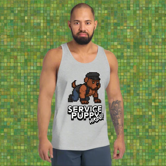 Gray tank top with pixelated puppy graphic from 8-Bit Pixel Service Pup Aroo Tank Top, perfect for gay tshirt fans and kinky gay tshirts