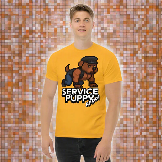 Yellow T shirt with pixelated dog graphic, perfect for doggy styled clothing lovers