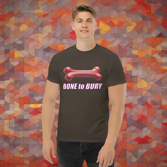 Brown BONE TO BURY T-shirt featuring a bone graphic, perfect for puppy role lovers