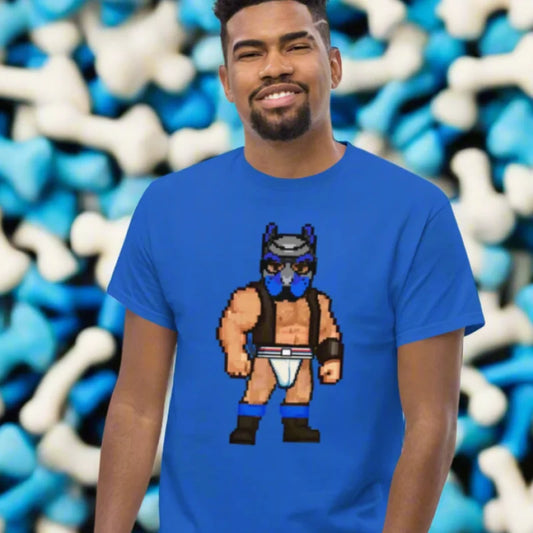 Man in blue alpha pup tshirt with pixel art pup mask graphic, perfect pup play mask apparel