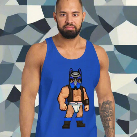 Alpha Pup tank top featuring pixel art design and blue pup play hood style