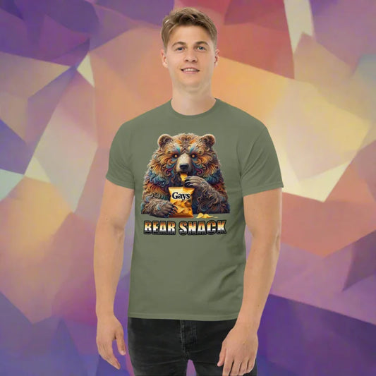Bear Snack Eat You Up Like Packet Of Chips t-shirt in a traditionally masculine shape