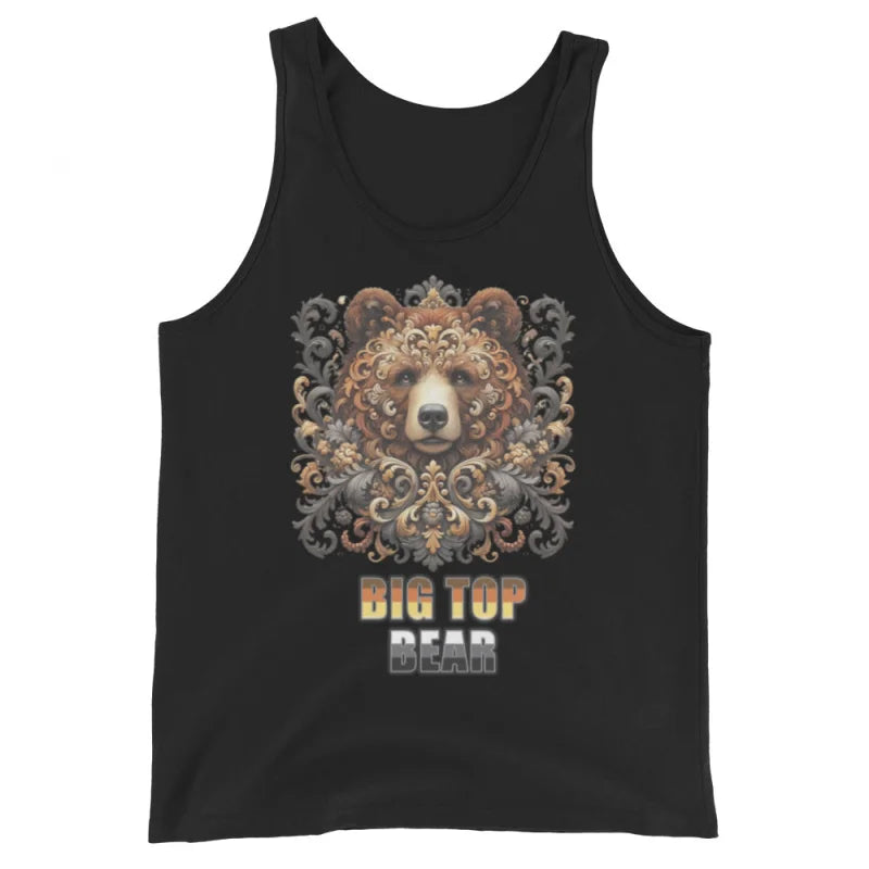 Black tank top with bear graphic from BIG TOP BEAR gay bear shirt, perfect for daddy roleplay