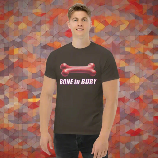 Brown BONE TO BURY T-shirt featuring a bone graphic, perfect for puppy role lovers