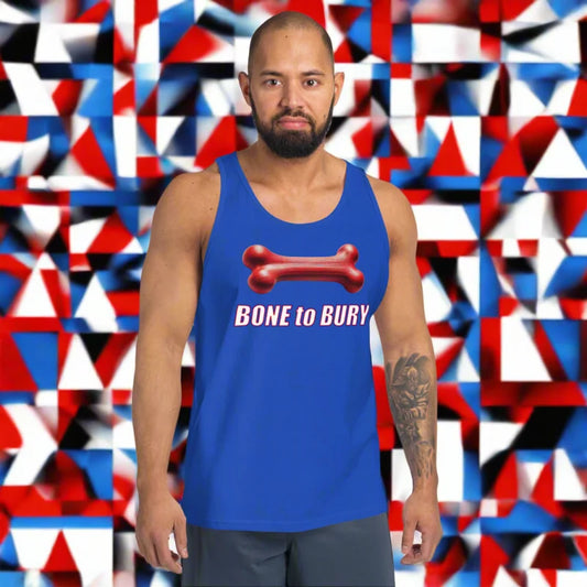 Blue sleeveless muscle t-shirt with a bone graphic, perfect for pup play and doggy styled clothes