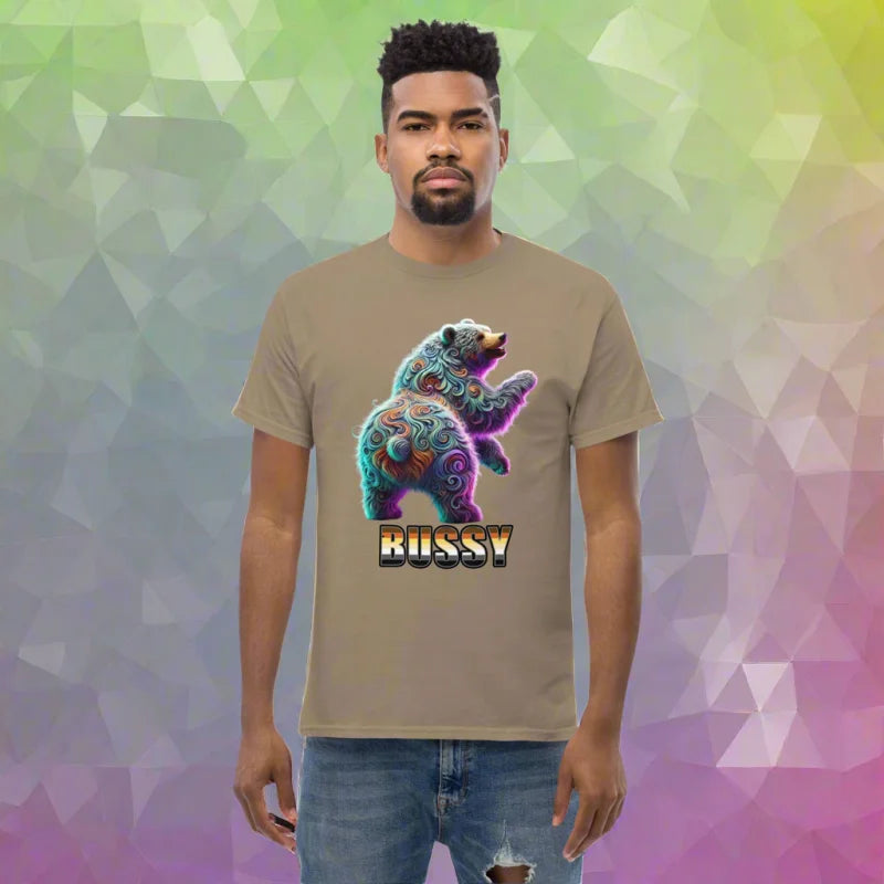 Man rocking a BUSSY Rear End Flaunting Bear T-Shirt with doggy styled clothes vibe