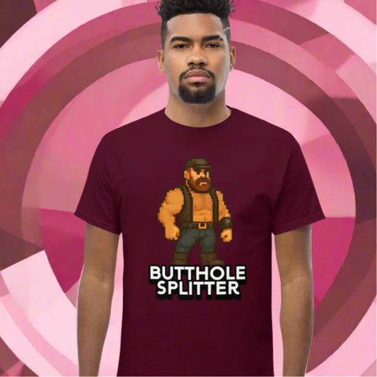 Maroon T-shirt with pixelated character perfect for pup play or bdsm scene elements