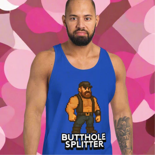 Blue butthole splitter tank top with pixelated character for gay dom tops or arse destroyers