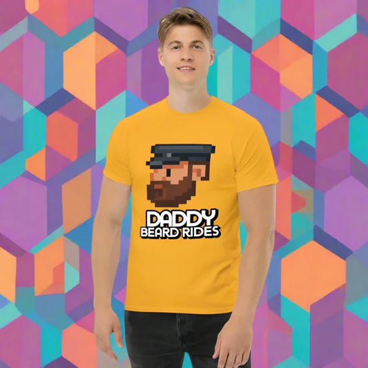 Yellow T-shirt with pixelated design from Pixel Daddy Bakery in Cheeky Gay Porn Daddy Beard Rides collection