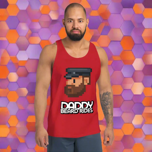 Red tank top with pixelated design from Cheeky Gay Porn Daddy Beard Rides collection for doggy styled clothes
