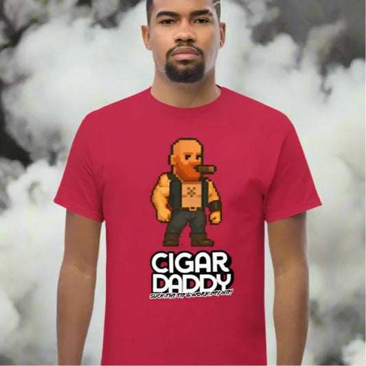 Red T-shirt with pixelated cigar smoker graphic perfect for Cigar Daddy gay shirt fans